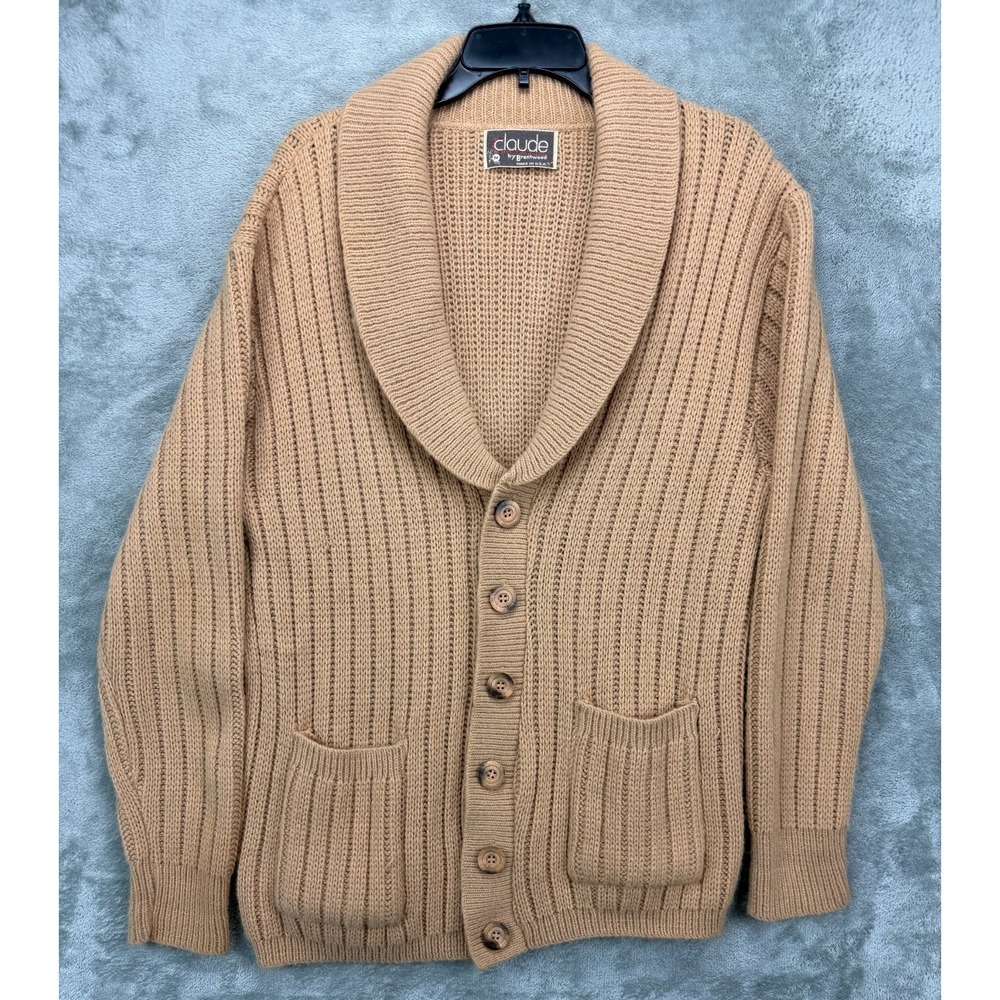 VTG Claude by‎ Brentwood Men's Shawl Collar Cardigan Sweater Sz M Tan Knit USA